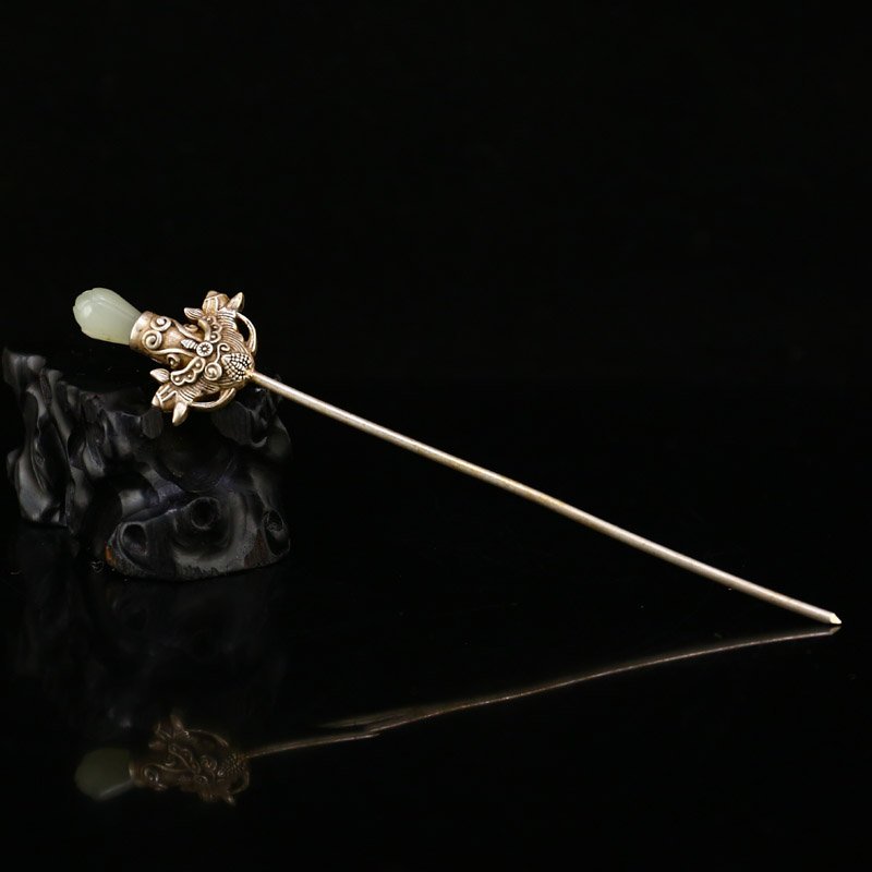 Vintage Chinese Silver Inlay Hetian Jade Hairpin (1 of 5)