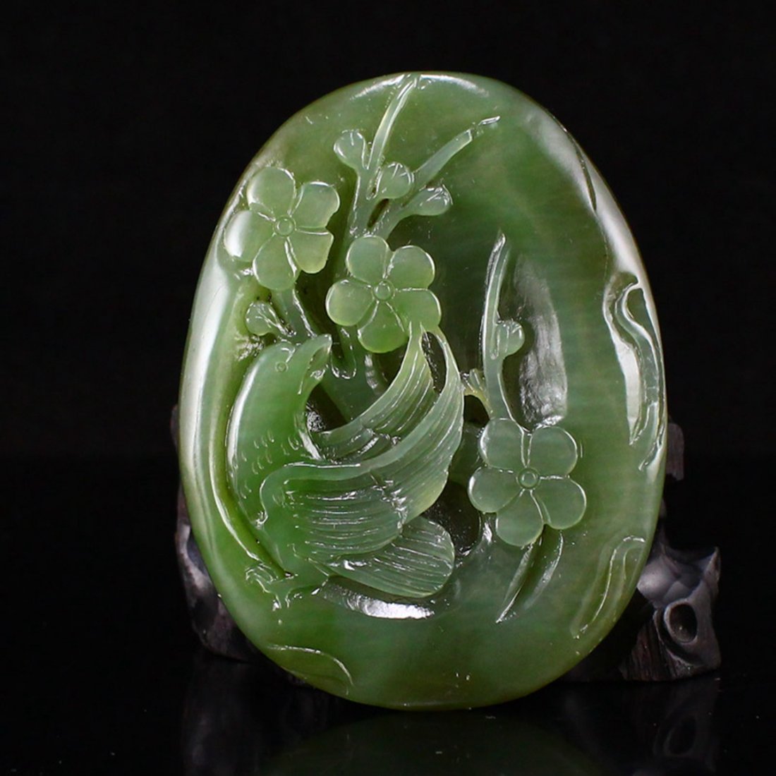 Chinese Natural Green Hetian Jade Flower & Bird Pendant (1 of 7)
