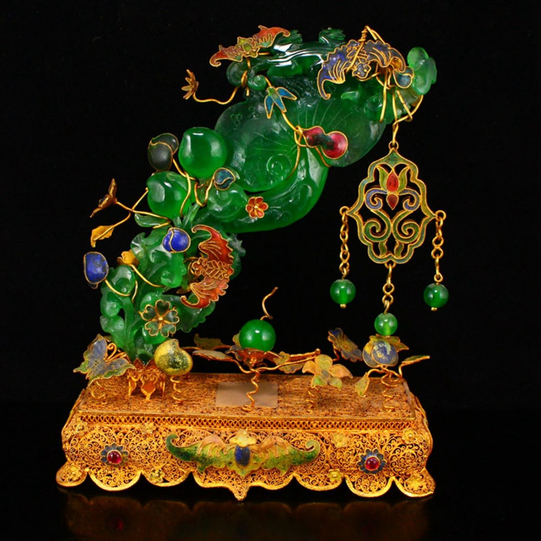 Gold Wires Enamel Inlay Green Jade Ruyi & Bat Statue (1 of 12)