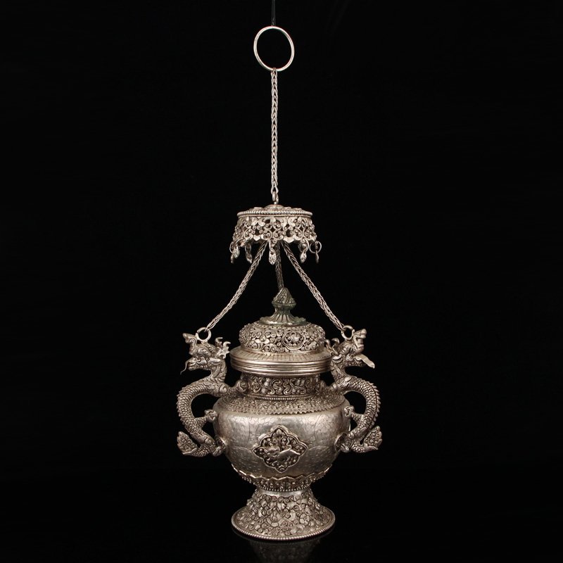 Superb Tibetan Silver Lucky Dragon Braced Chain Burner (1 of 10)