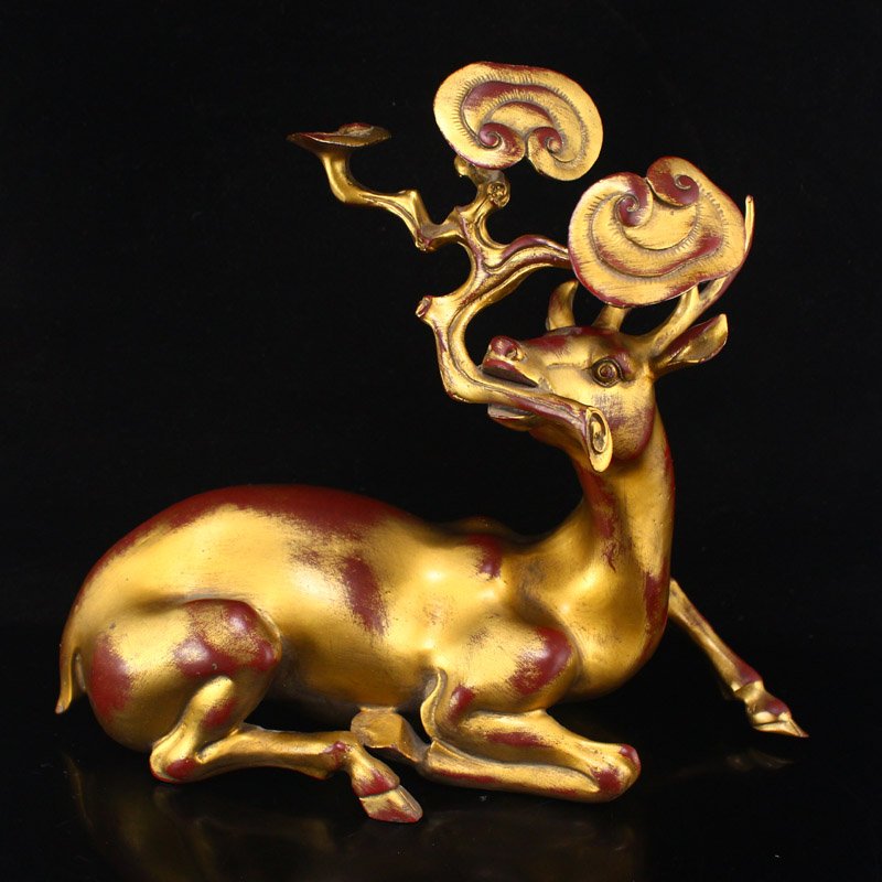 Chinese Gilt Gold Red Copper Ruyi Deer Statue (1 of 13)