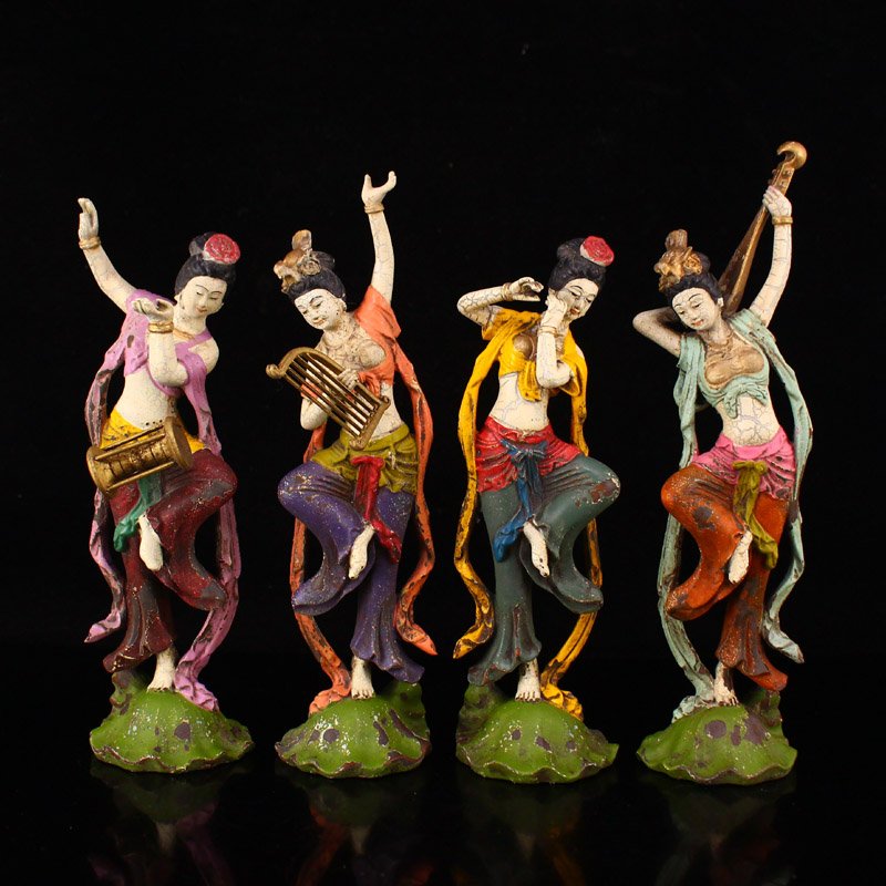 Set Vintage Lacquerware Boxwood Wood Music Girl Statue (1 of 15)
