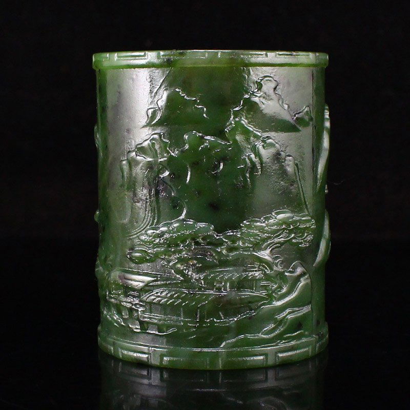 Green Hetian Jade Mountain Village Scene Brush Pot (1 of 8)