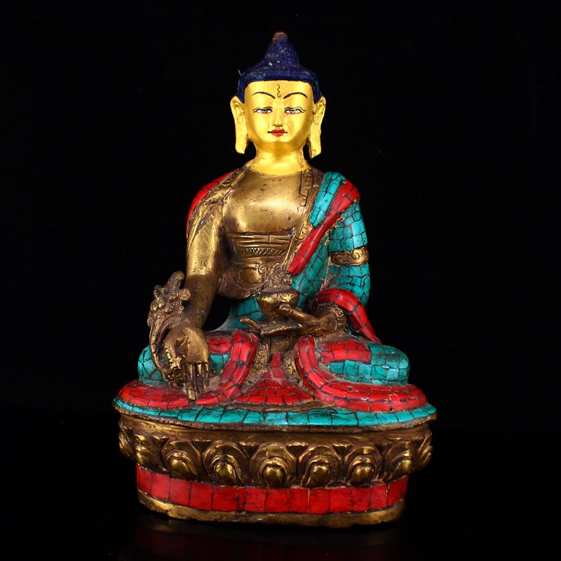Gilt Gold Red Copper Inlay Turquoise Gem Buddha Statue (1 of 10)