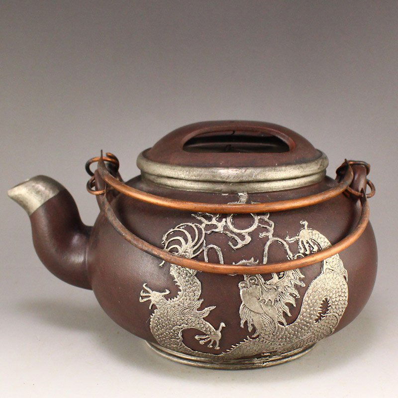 Yixing Zisha Clay Inlay Silver Dragon Handle Teapot (1 of 10)