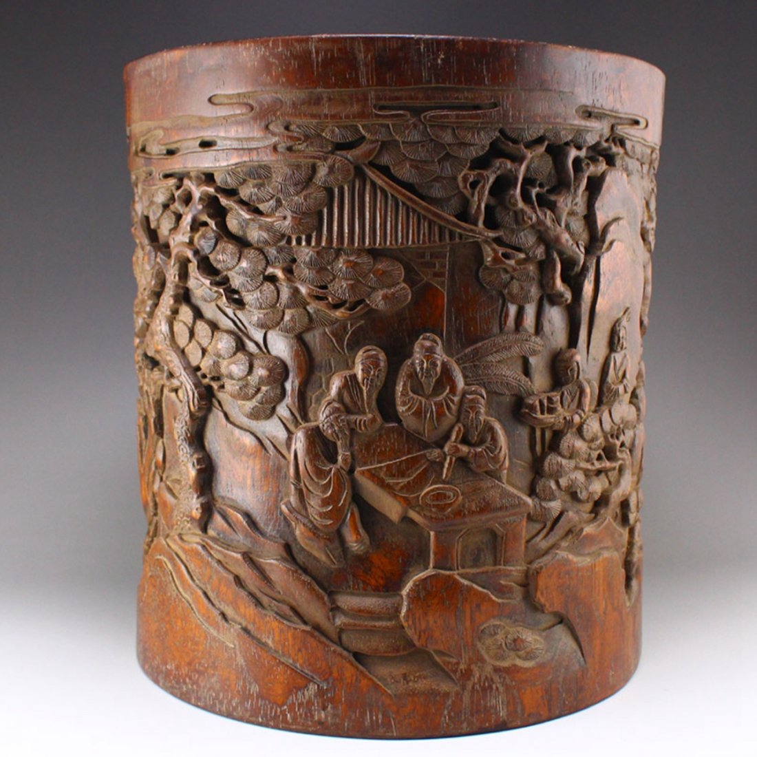 Chinese Zitan Wood Low Relief Scenery Figure Brush Pot: Vintage Chinese Zitan Wood Low Relief Scenery Figure Brush Pot Dimension: 220 x 220 x 240(mm) 8.66 x 8.66 x 9.45(inches) Weight: 4.84 lbs/2196 g