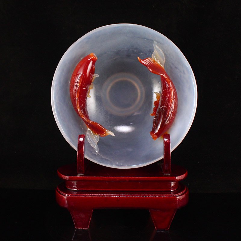Chinese Agate Carved Double Fish Bowl w Certificate (1 of 9)