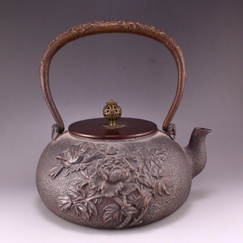 Vintage Japanese Black Iron Peony Design Handle Teapot (1 of 7)