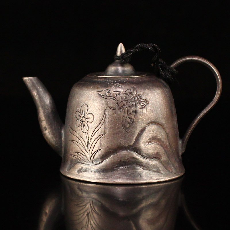 Qing Pure Silver Butterfly & Orchid Design Small Teapot (1 of 6)