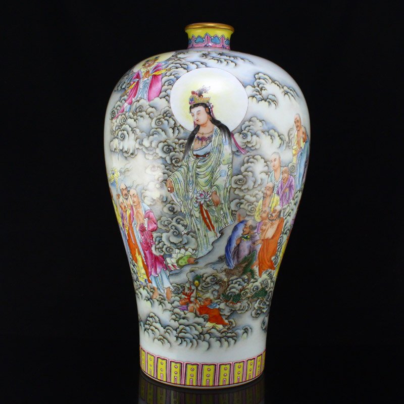 Gilt Edge Famille Rose Kwan-Yin & Arhat Porcelain Vase (1 of 11)