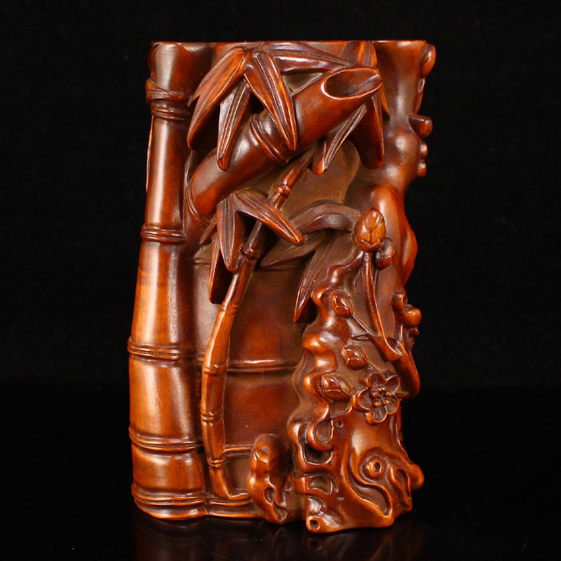Boxwood Wood Carved Bamboo & Plum Flower Brush Pot (1 of 6)