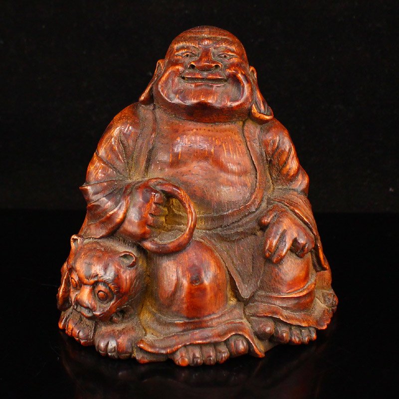 Old Bamboo Root Carved Laughing Buddha & Tiger Statue (1 of 7)