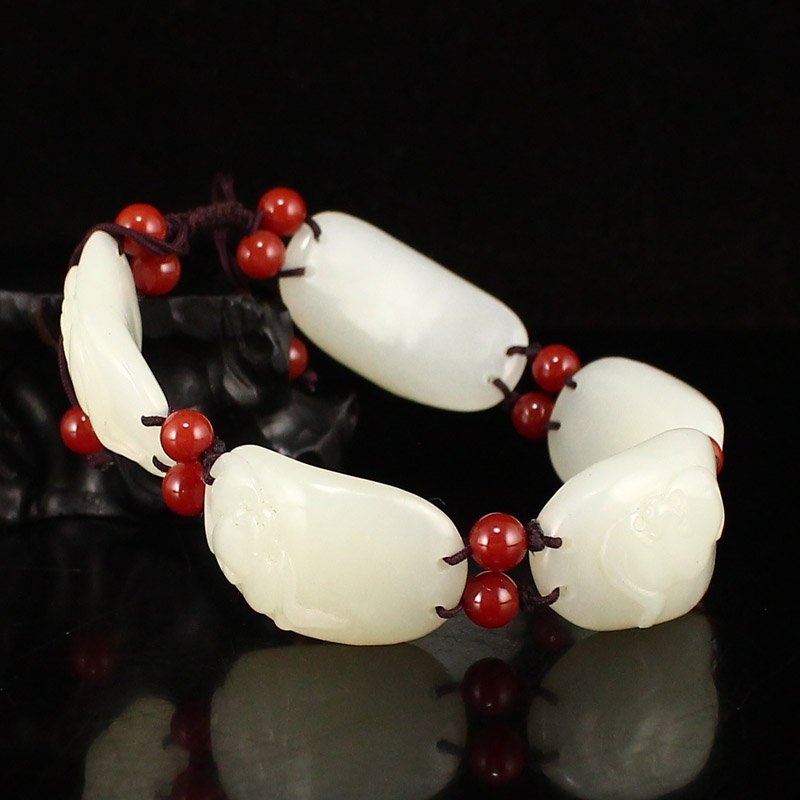 Chinese Hetian Jade Carved Bat Heads Bracelet (1 of 7)