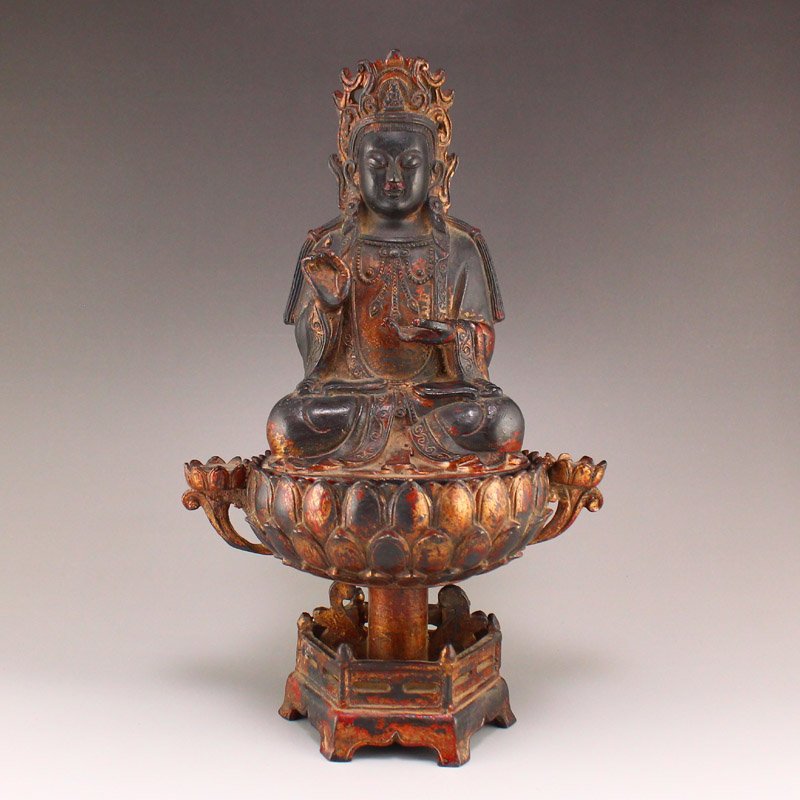 Gilt Gold Red Copper Lotus Flower Kwan-yin Statue (1 of 8)