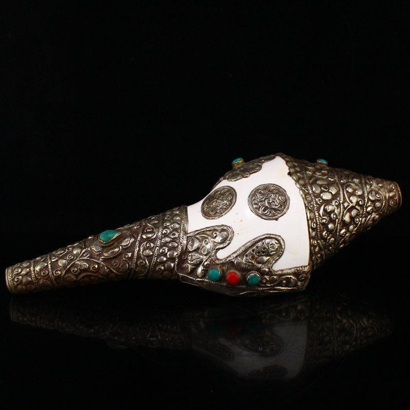 Tibetan Buddhism Silver Inaly Conch Gem Prayer Trumpet (1 of 10)