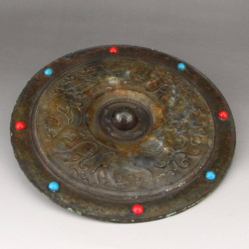 Chinese Bronze Inlay Hetian Jade Dragon Phoenix Mirror (1 of 6)