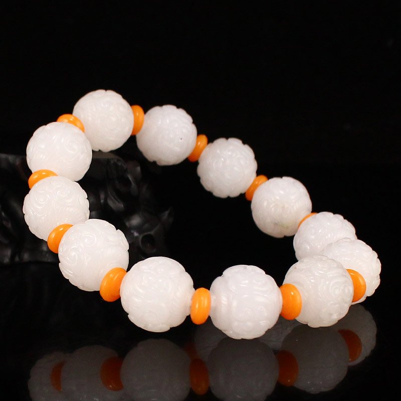 15 MM Chinese White Hetian Jade Beads Bracelet (1 of 6)