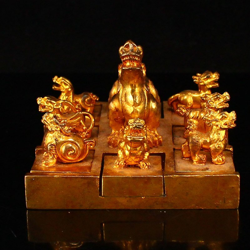 Set Vintage Gilt Gold Red Copper Divine Beast Seals (1 of 11)