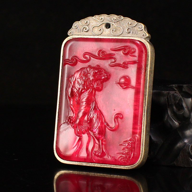Vintage Chinese Silver Inlay Ruby Tiger Pendant (1 of 6)