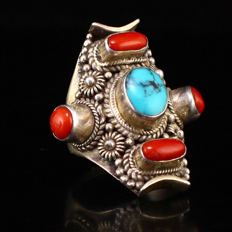 Tibetan Pure Silver Inlay Turquoise & Coral Ring (1 of 6)