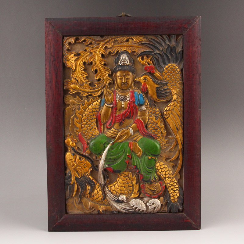 Gilt Gold Zitan Wood Kwan-yin & Dragon Phoenix Tangka (1 of 8)