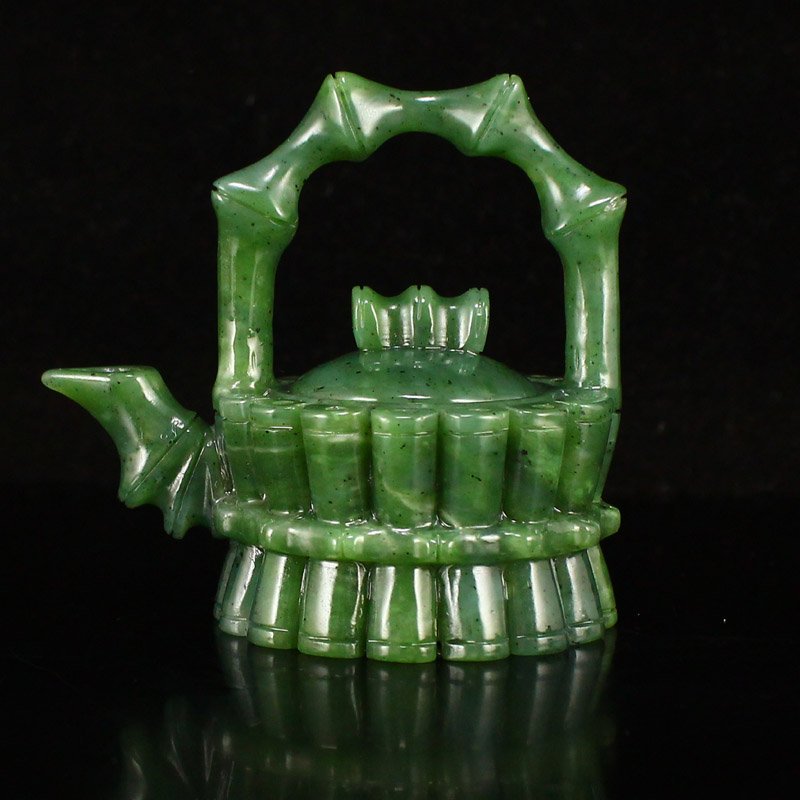 Chinese Natural Green Hetian Jade Handle Teapot (1 of 8)