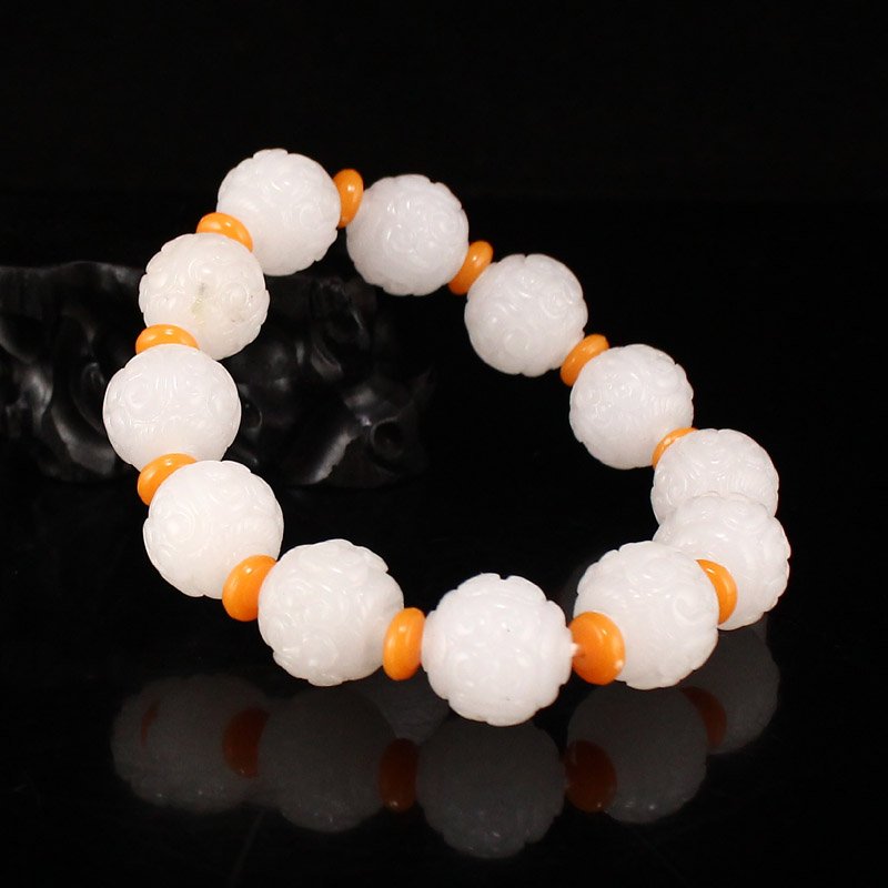 Chinese White Hetian Jade Beads Bracelet (1 of 6)