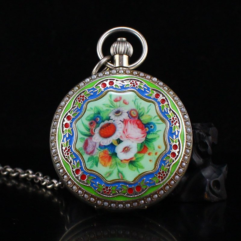 Red Copper Plated Silver Inlay Gems Pocket Watch (1 of 6)