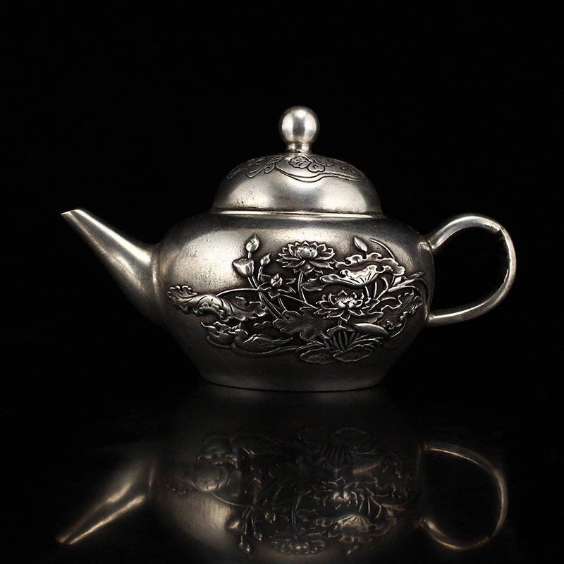 Vintage Silver-plated Bronze Low Relief Lotus Teapot (1 of 8)
