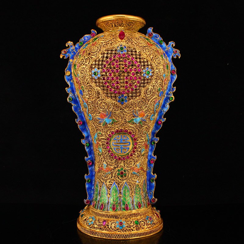 Exquisite Gold Wire Enamel Inlay Ruby Double Ears Vase (1 of 10)