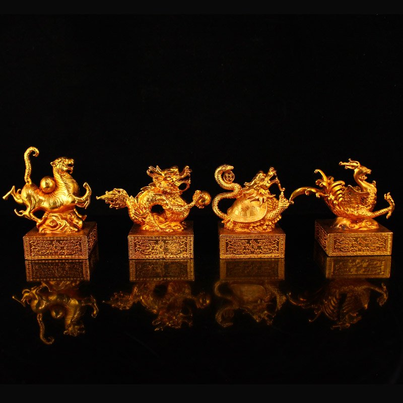 Set Four Gilt Gold Red Copper Divine Beast Seals (1 of 14)