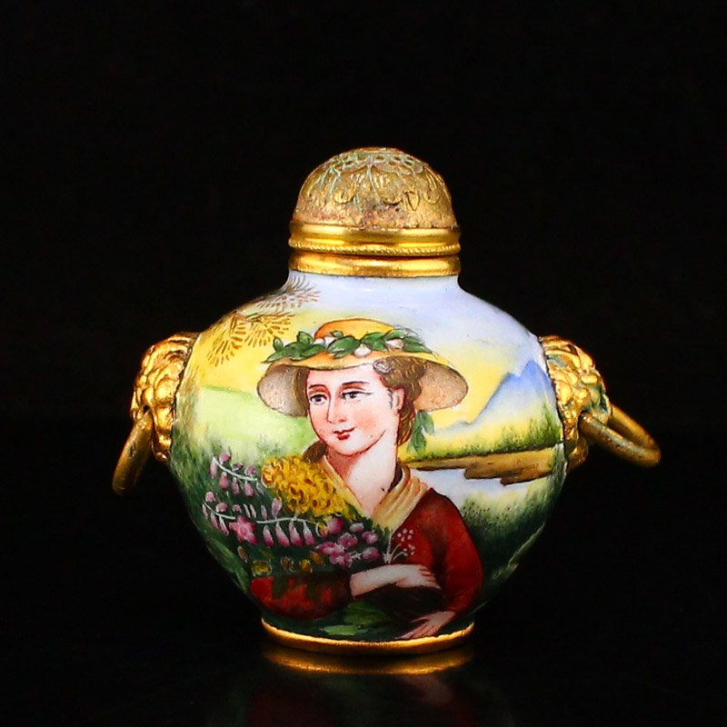 Vintage Gilt Gold Red Copper Enamel Figure Snuff Bottle (1 of 6)