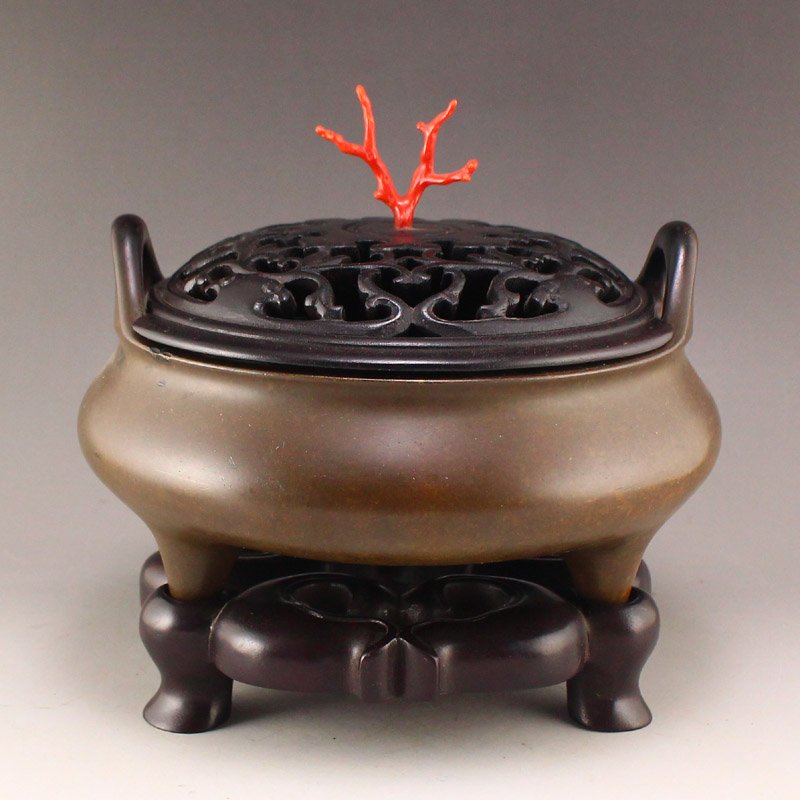 Zitan Wood Inlay Red Coral & Red Copper Incense Burner (1 of 11)