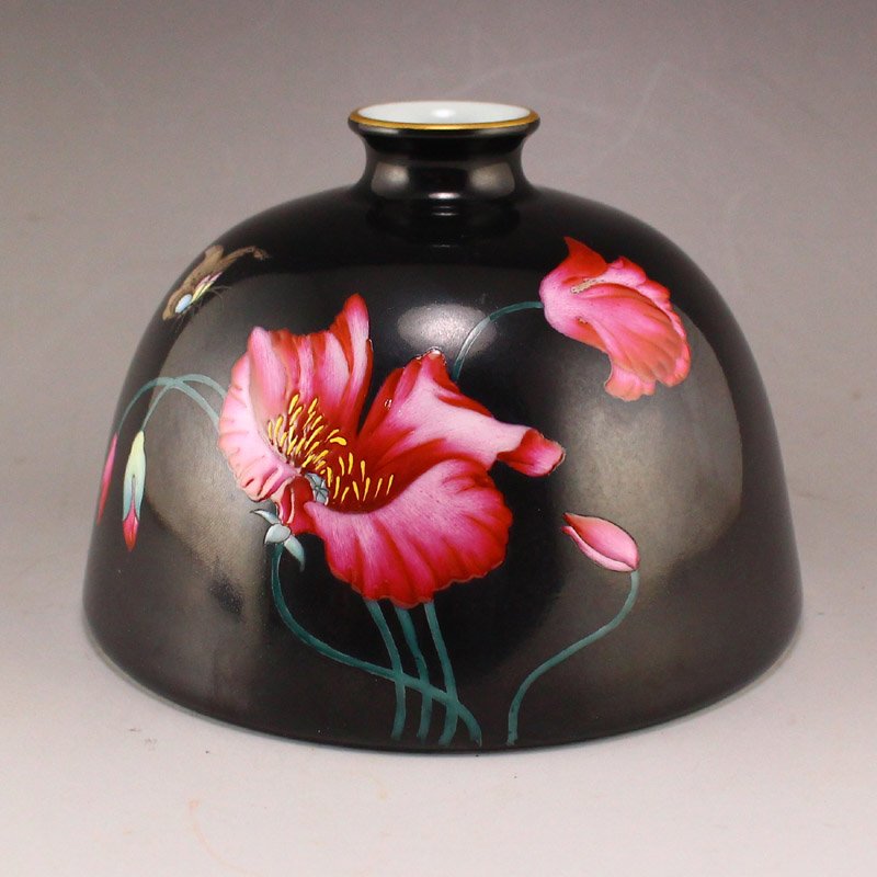 Gilt Edge Black Glaze Famille Rose Porcelain Vase (1 of 8)