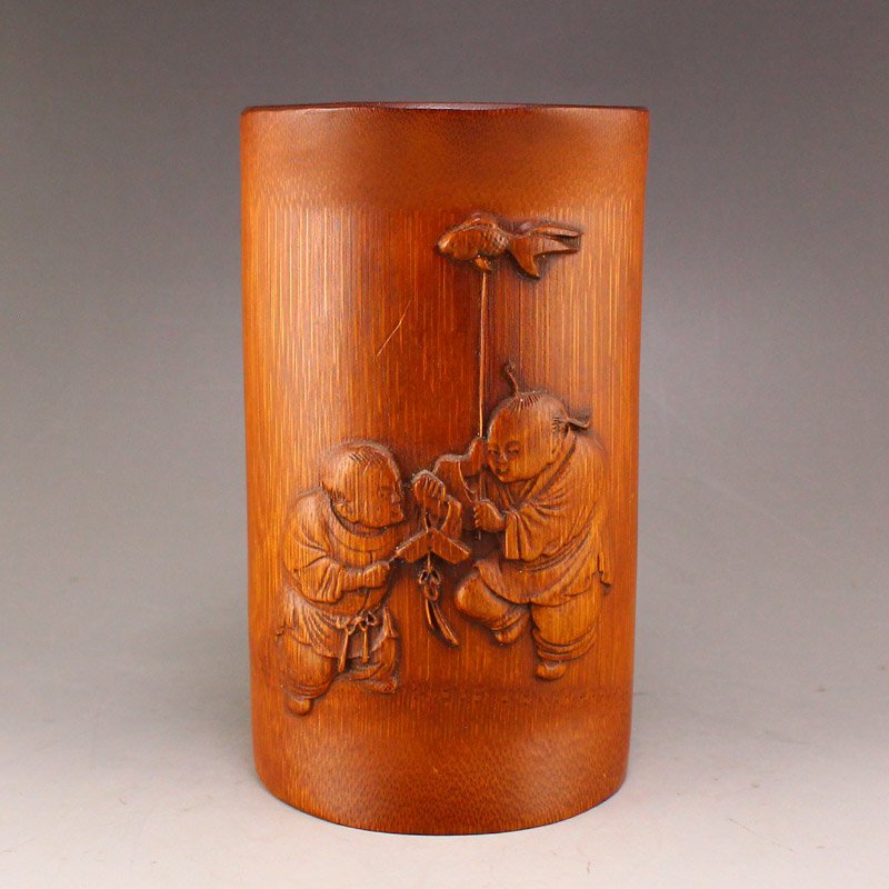 Vintage Bamboo Low Relief Urchin Design Brush Pot (1 of 7)