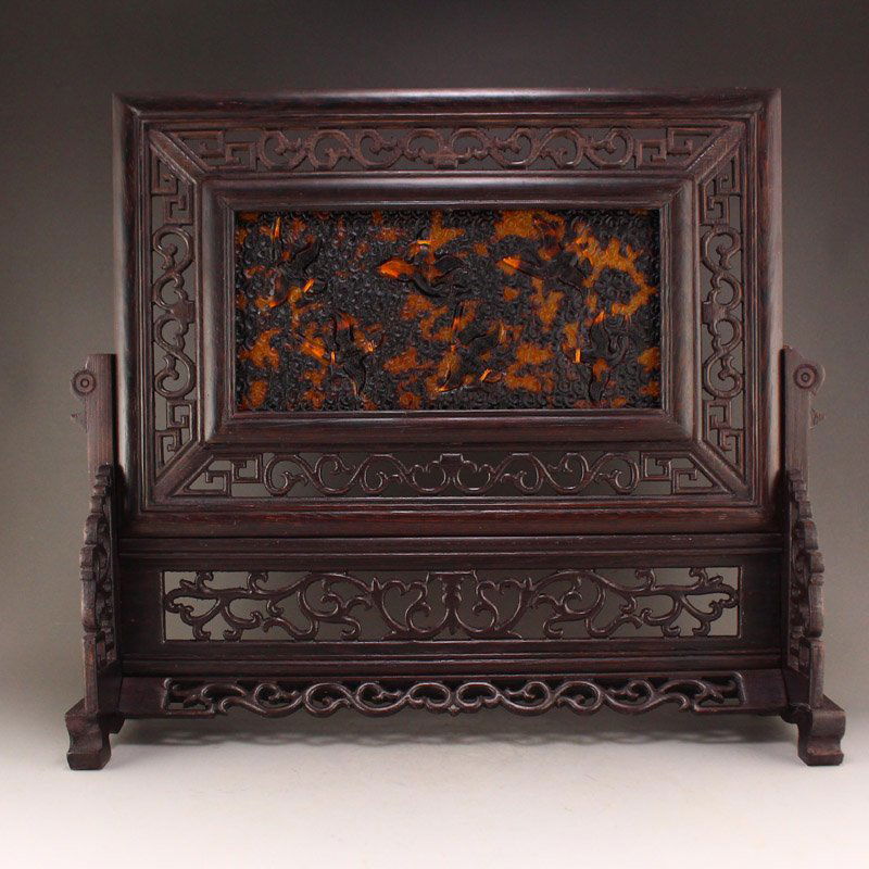 Openwork Zitan Wood Inlay Tortoiseshell Carved Screen (1 of 6)