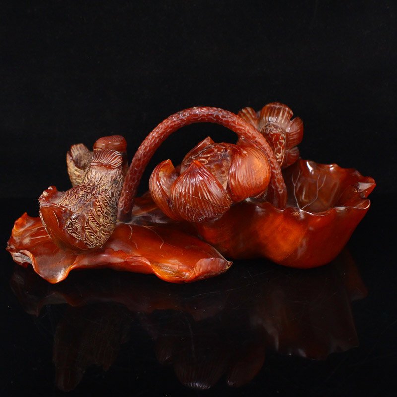 Vintage Ox Horn Lotus Flower & Mandarin Ducks Statue (1 of 10)