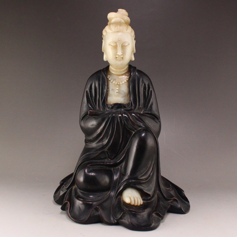 Qing Dy Zitan Wood Inlay Shoushan Stone Kwan-yin Statue (1 of 9)