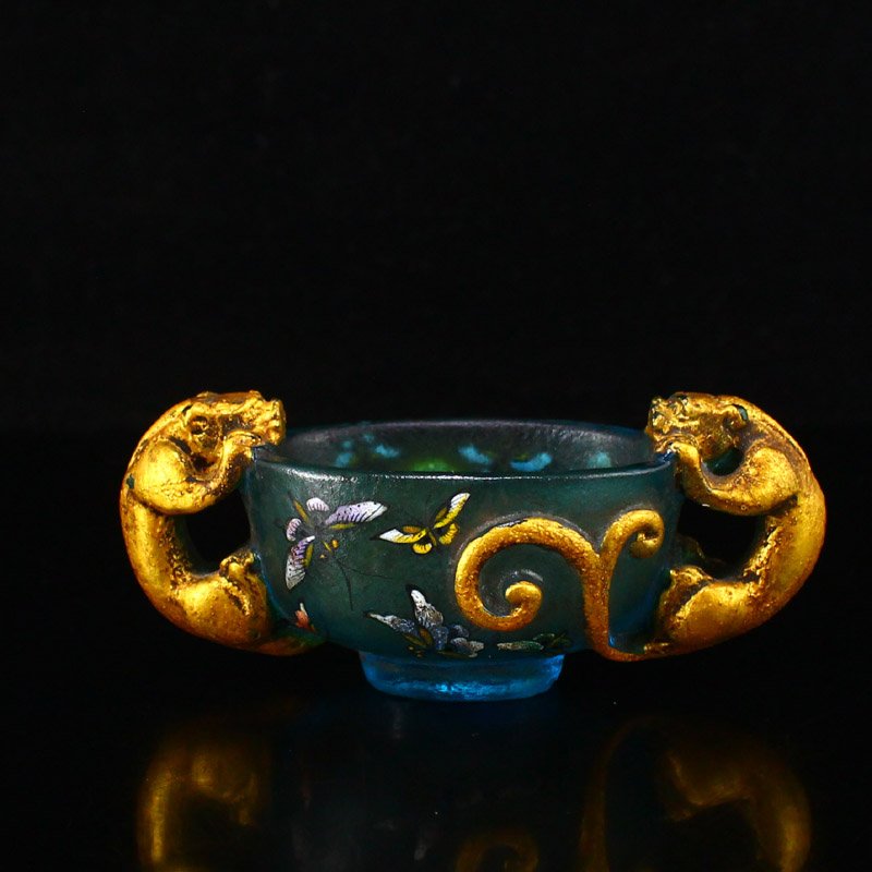 Chinese Gilt Gold Peking Glass Double Beast Ears Cup (1 of 8)