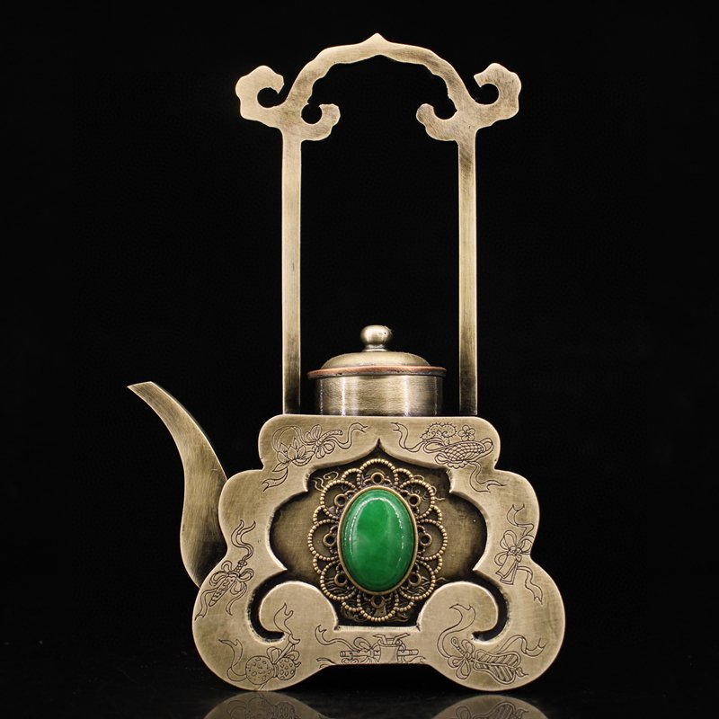 Chinese White Copper Inlay Green Jade Handle Teapot (1 of 8)