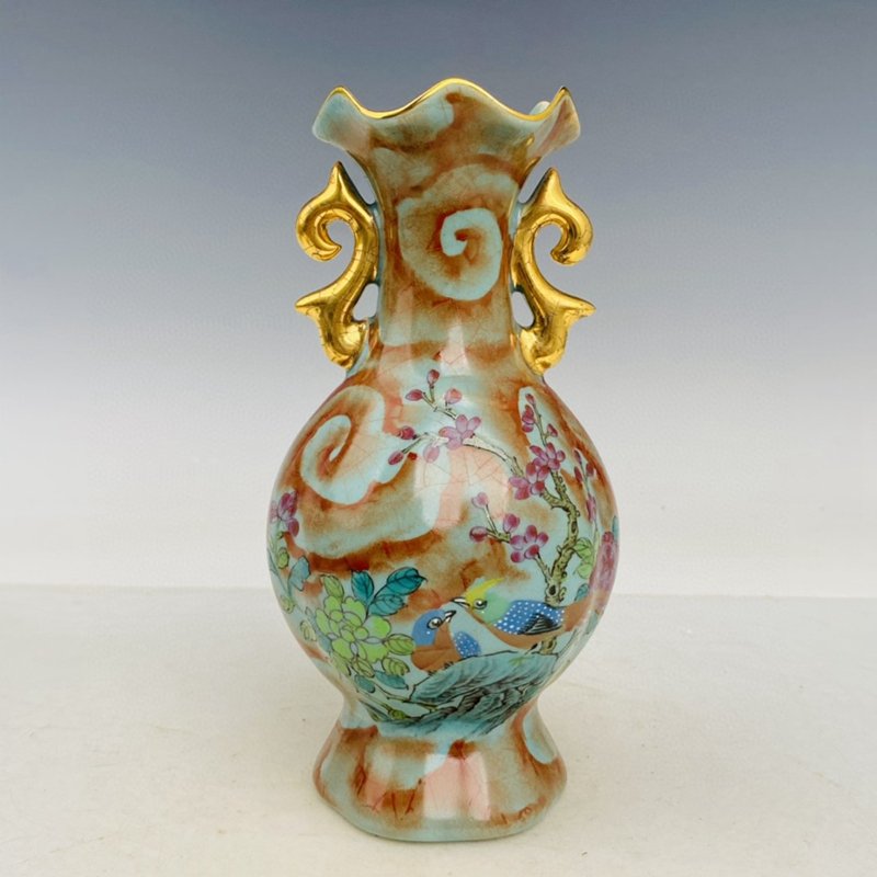 Gilt Gold Double Ears Plum Flower Magpie Porcelain Vase: Vintage Chinese Ru Kiln Gilt Gold Double Ears Plum Flower & Magpie Porcelain Vase Dimension: 190 x 90 (mm) 7.48x 3.54(inches)