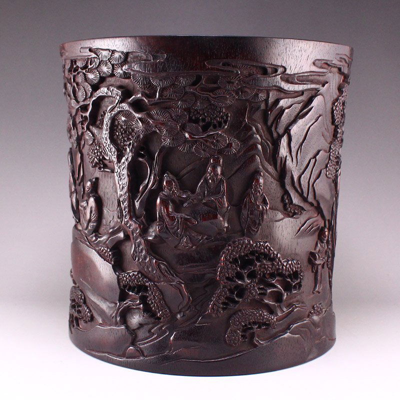 Qing Dynasty Zitan Wood Figure & Pine Tree Brush Pot (1 of 10)