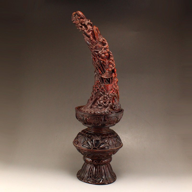 Ox Horn Low Relief Figure & Pine Trees Statue w Base (1 of 11)