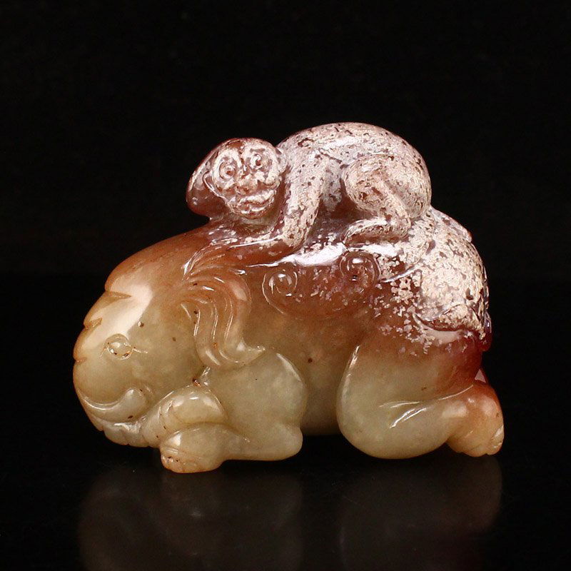 Vintage Chinese Hetian Jade Elephant & Monkey Statue (1 of 8)