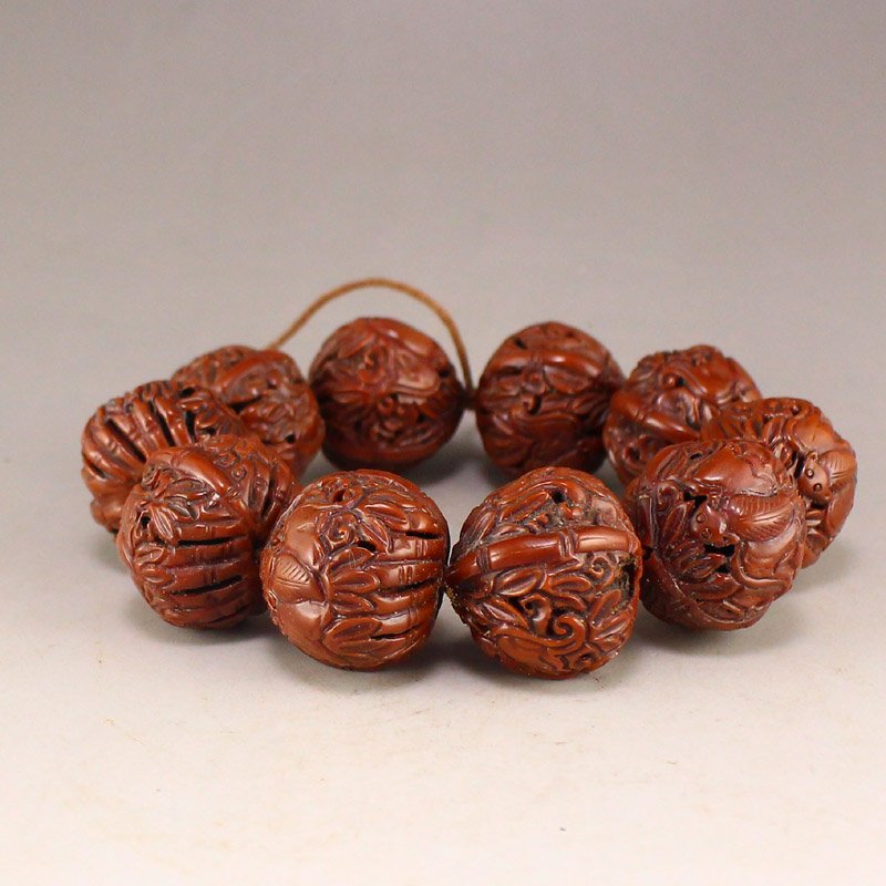Chinese Walnut Carved Bamboo & Fortune Bat Bracelet (1 of 7)