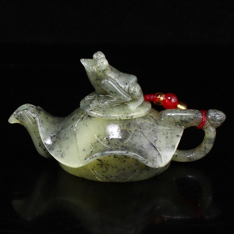Vintage Chinese Hetian Jade Lotus Leaf Shape Teapot (1 of 8)