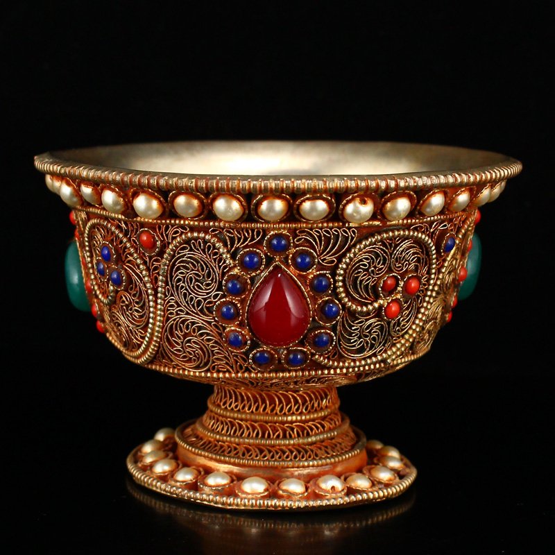 Tibetan Buddhist Silver Inlay Gems Cup (1 of 7)