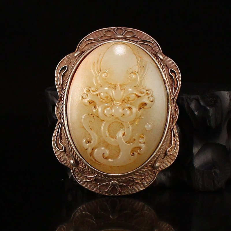 Silver Inlay Hetian Jade Dragon Head Belt Buckle (1 of 6)
