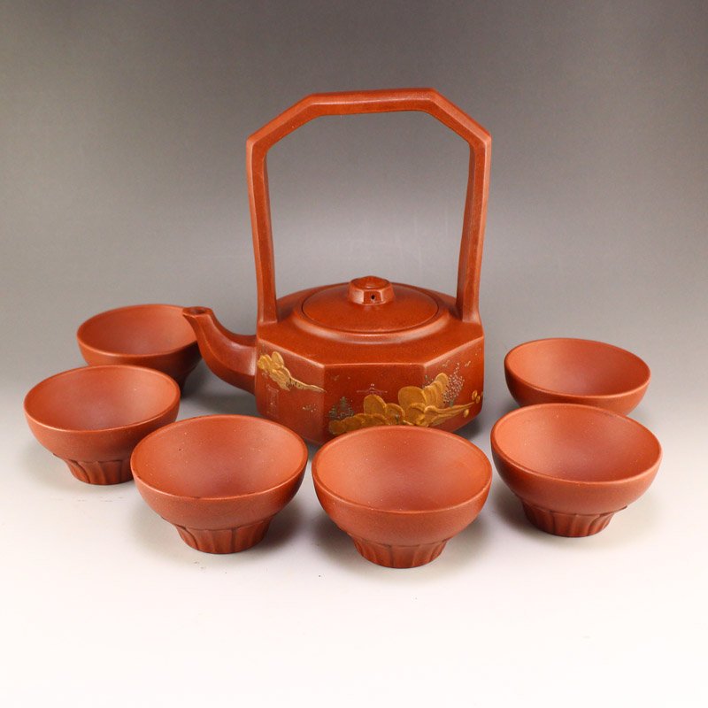 A Set Chinese Yixing Zisha Clay Handle Teapot w Cups (1 of 16)