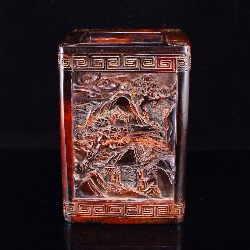 Vintage Ox Horn Carved Mountain River Scene Brush Pot (1 of 14)